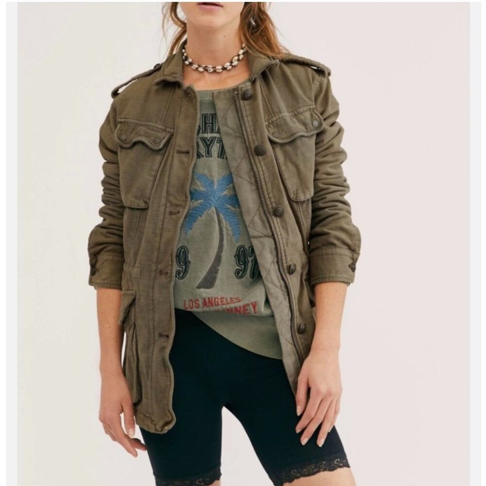 Free People Army Green Utility Jacket SZ Small Button Zip Up Cotton